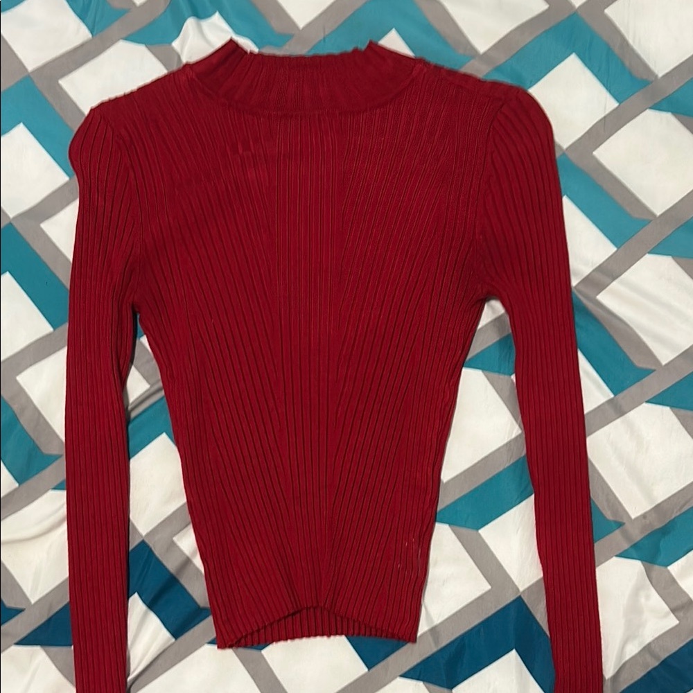 Red Ribbed Long Sleeve Top